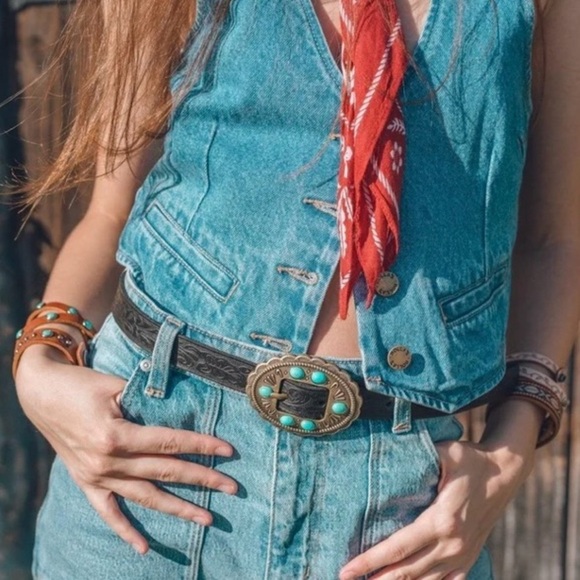 NWT MOST WANTED Leather Turquoise Stone Western Tooled Belt Size Medium - Picture 3 of 5